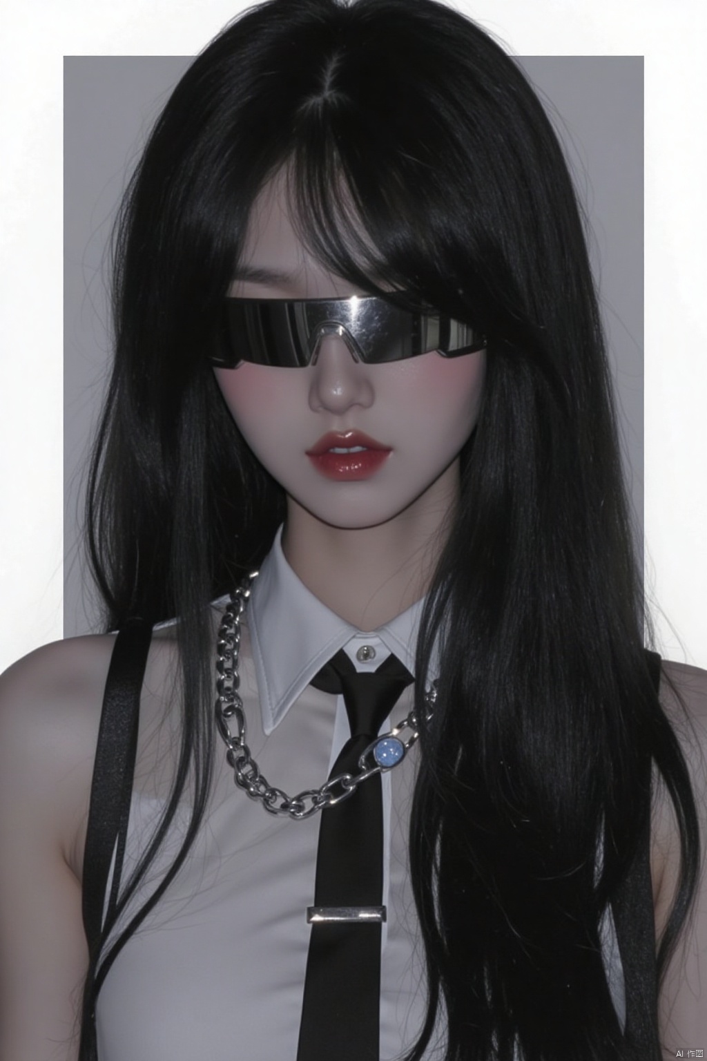 1girl, solo, long hair, black hair, jewelry, necktie, necklace, lips, sunglasses, realistic
