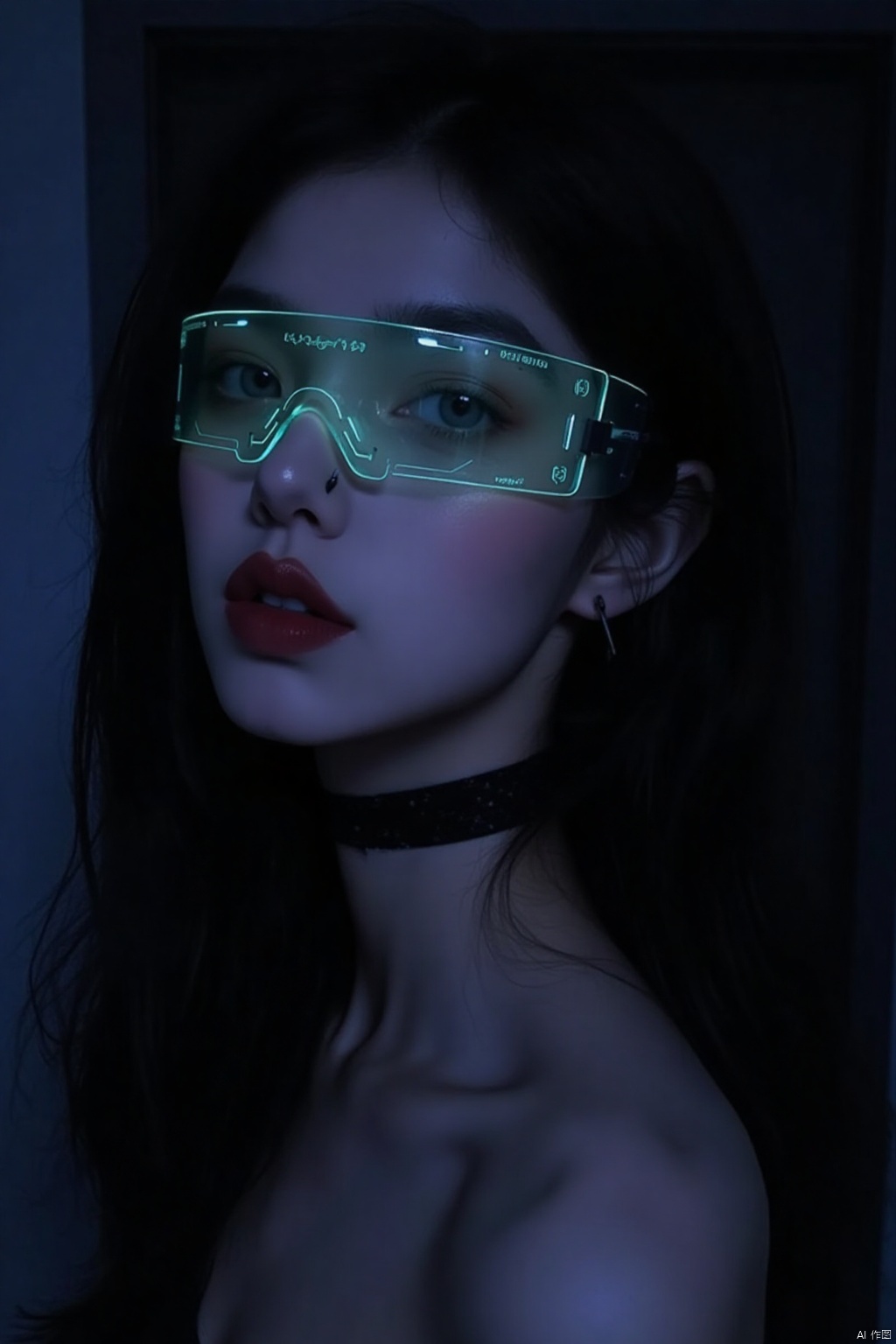 1girl, solo, long hair, looking at viewer, blue eyes, black hair, choker, mole, lips, makeup, glowing, watermark, lipstick, portrait, mole under mouth, tinted eyewear
