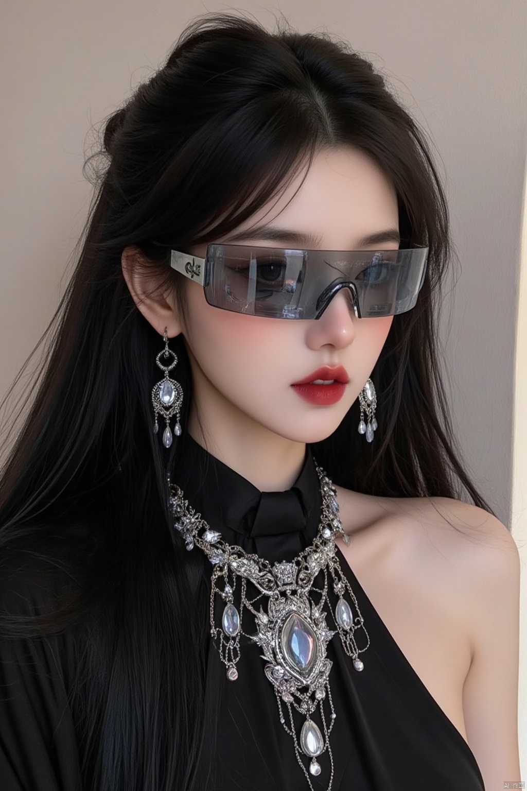 A young woman with long, raven-black hair cascading down her back, adorned with a statement necklace and delicate necklace. She sports a stylish necktie and matching earrings, her luscious lips painted a bold shade of red. Framed by a pair of sleek, dark-tinted sunglasses perched on the bridge of her nose, she exudes confidence and poise, set against a neutral background that lets her striking features take center stage.