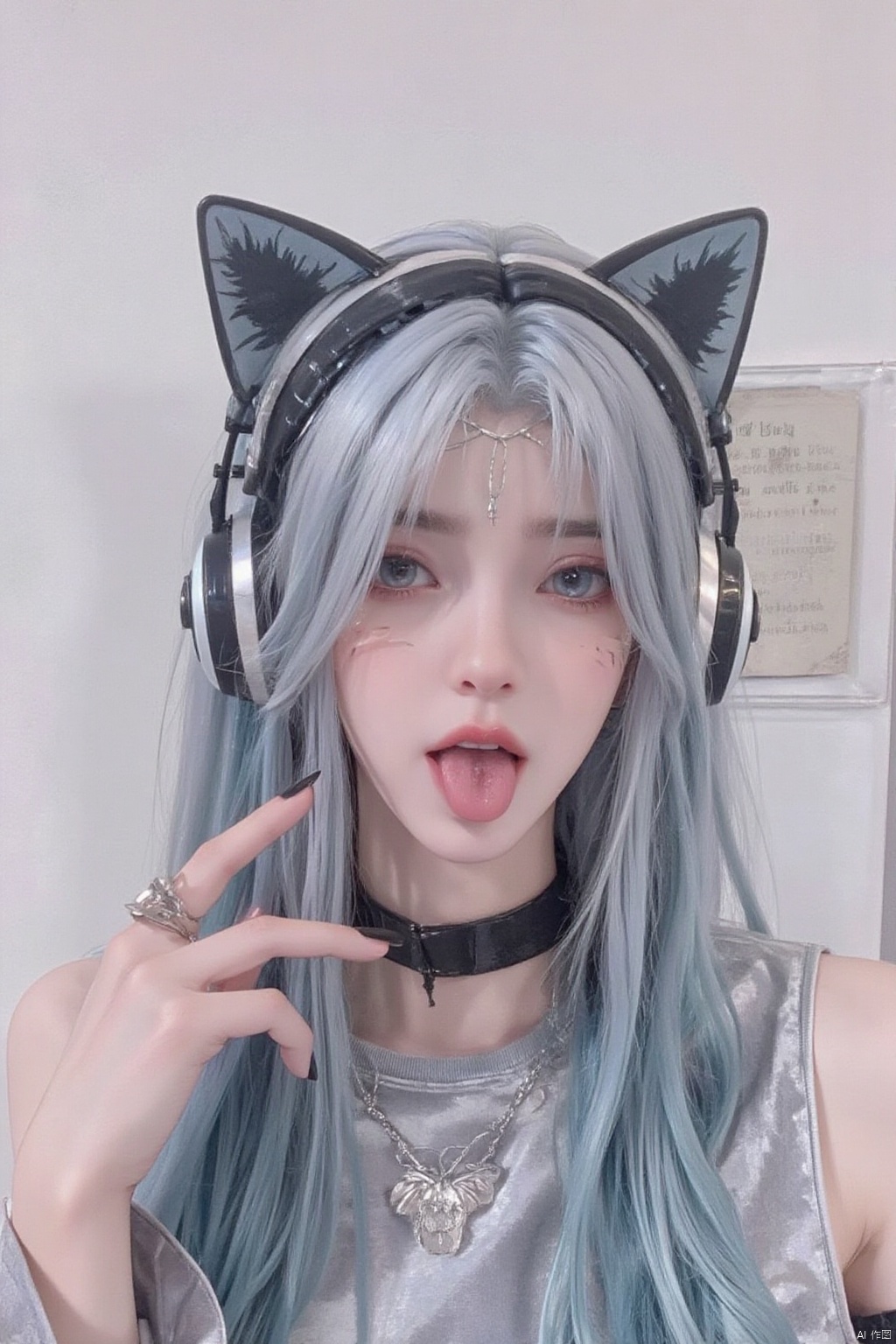1girl, solo, long hair, open mouth, hair ornament, animal ears, jewelry, blue hair, upper body, multicolored hair, tongue, hairclip, cat ears, tongue out, necklace, nail polish, two-tone hair, lips, fingernails, gradient hair, fake animal ears, headphones, black nails, realistic, nose, animal ear headphones, cat ear headphones,,qfl,tinted eyewear