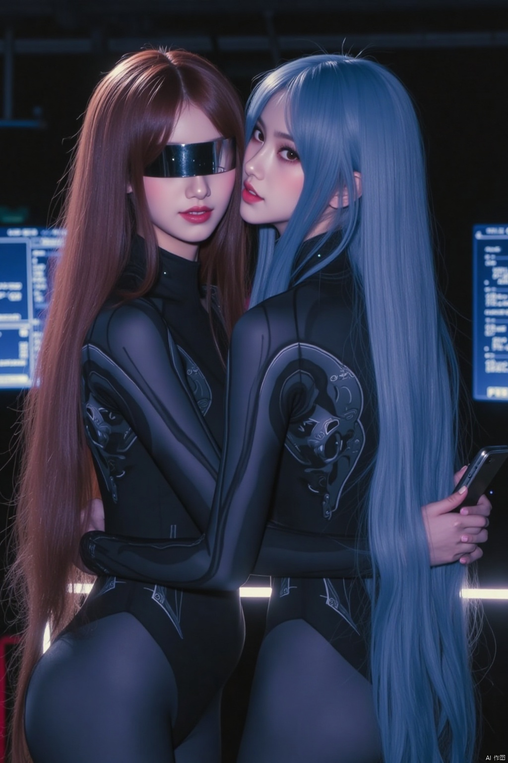 long hair, looking at viewer, smile, open mouth, multiple girls, brown hair, 2girls, very long hair, blue hair, ass, parted lips, yuri, lips, hug, bodysuit, phone, cellphone, smartphone, science fiction, realistic, blindfold