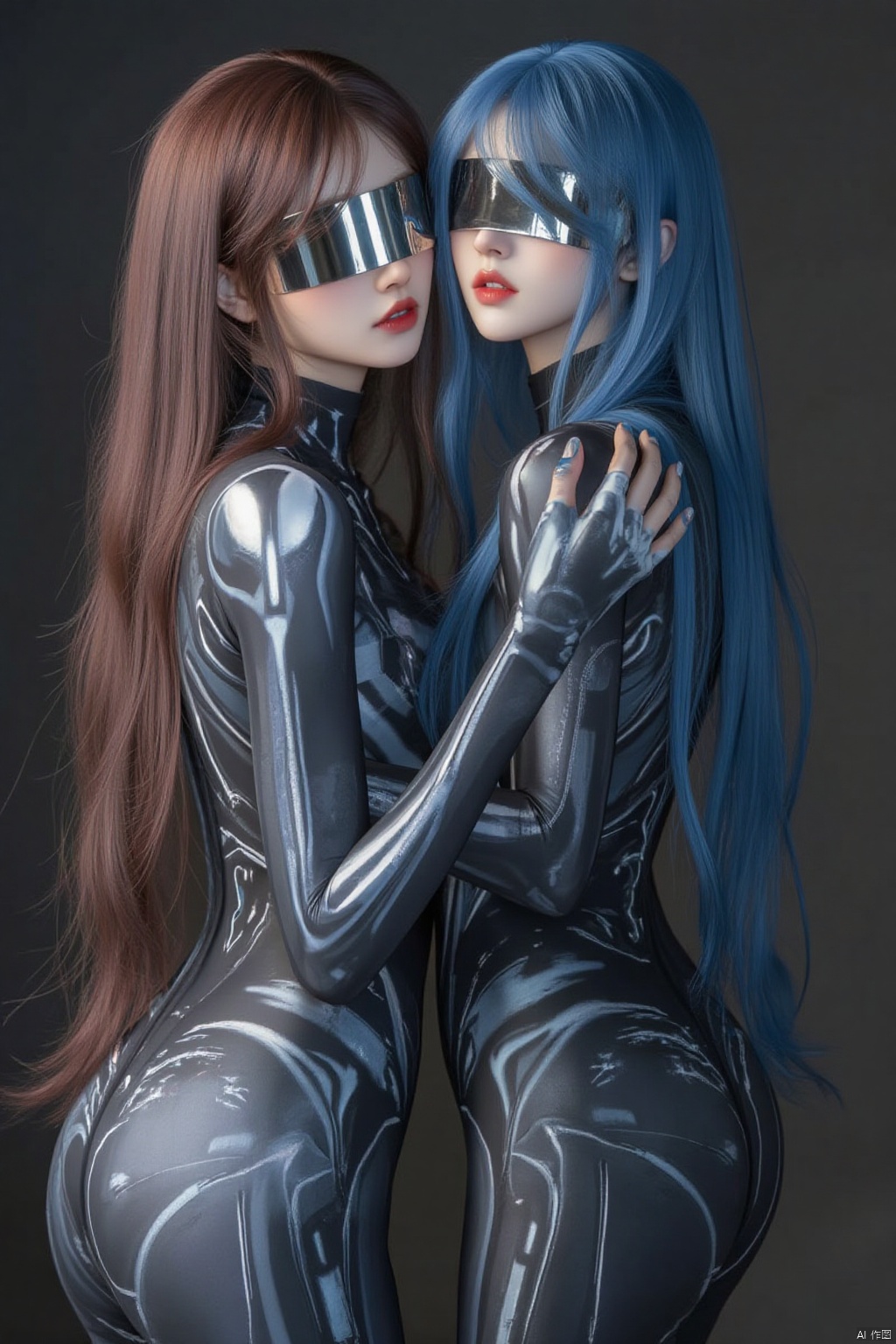 long hair, looking at viewer, smile, open mouth, multiple girls, brown hair, 2girls, very long hair, blue hair, ass, parted lips, yuri, lips, hug, bodysuit, phone, cellphone, smartphone, science fiction, realistic, blindfold