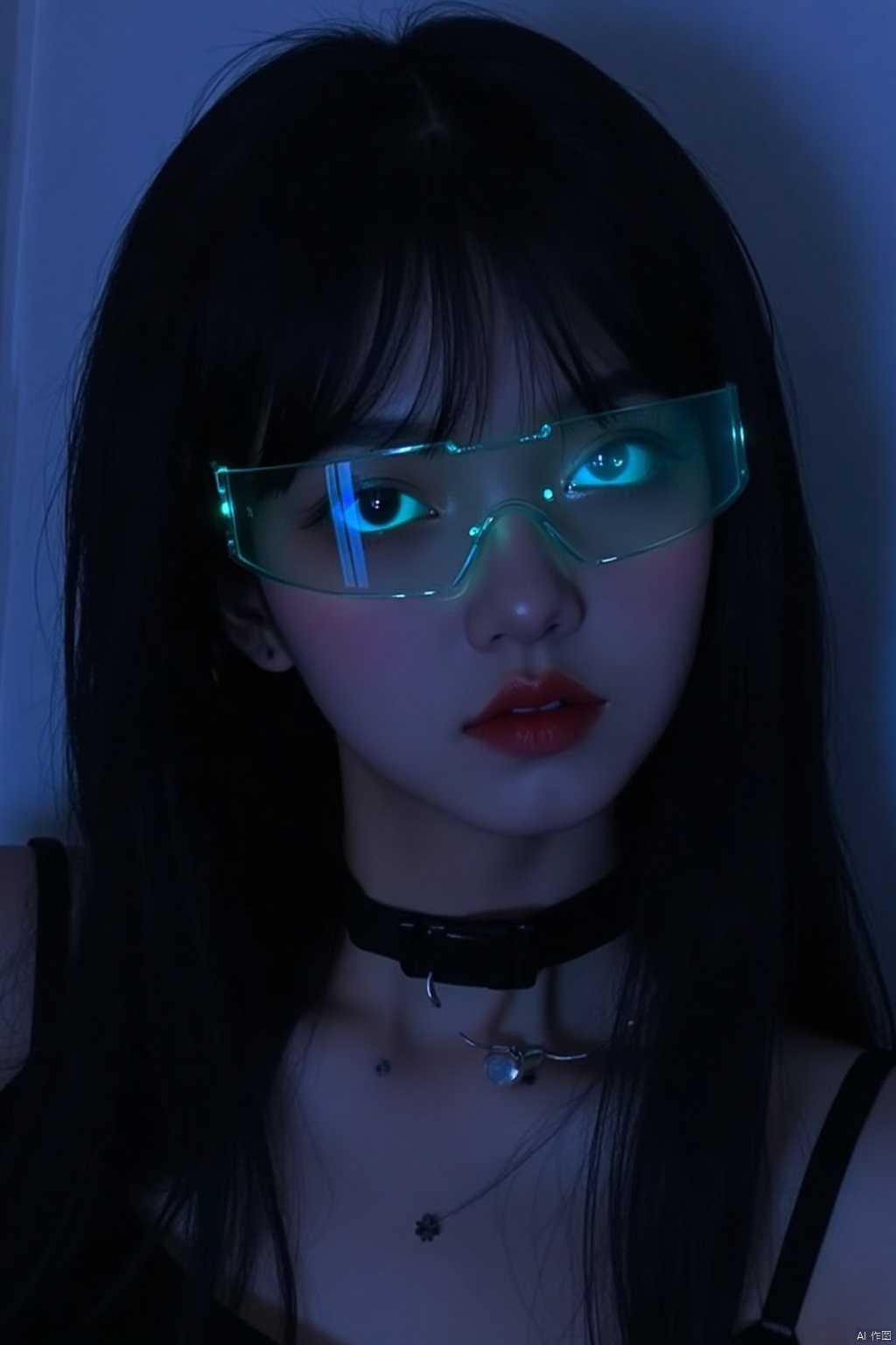1girl, solo, long hair, looking at viewer, blue eyes, black hair, choker, mole, lips, makeup, glowing, watermark, lipstick, portrait, mole under mouth, tinted eyewear