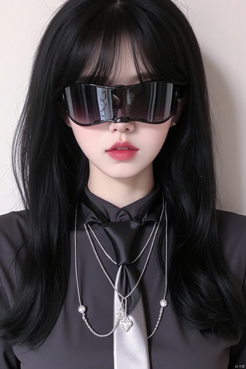 1girl, solo, long hair, black hair, jewelry, necktie, necklace, lips, sunglasses, realistic
