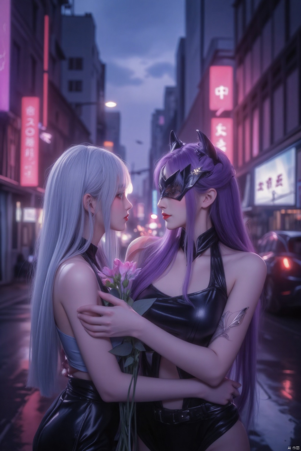 The future urban landscape at dusk, with neon lights reflecting on damp sidewalks. Two girls, one with long white hair and the other with bright purple hair, boldly styled and pointed, share an intimate moment. They gazed into each other's eyes, their lips slightly parted, smiling lightly, leaning forward, wanting a gentle embrace. The white haired girl held flowers in her hand, while the purple haired beauty wore a Catwoman mask and tight fitting clothes on her chest. The white haired girl wore an eye patch on her forehead, adding a touch of mystery to this romantic Yuri scene.
