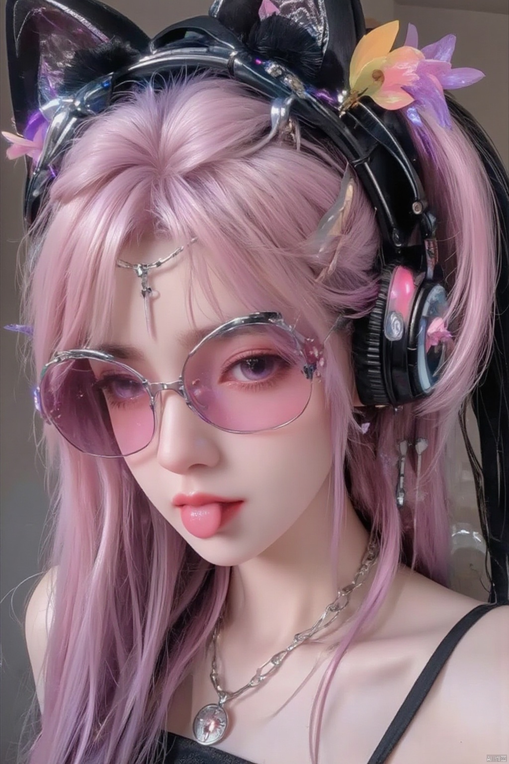 A close-up shot of a girl with long, multicolored hair styled in a gradient effect. Her mouth is slightly open, showcasing her tongue sticking out with a hint of pink nail polish. A hair ornament and cat ears adorn her upper body. She wears a necklace and has fake animal ear headphones wrapped around her head, with tinted eyewear adding to the edgy vibe. Her lips are painted a bold color, matching the vibrant hues in her hair.