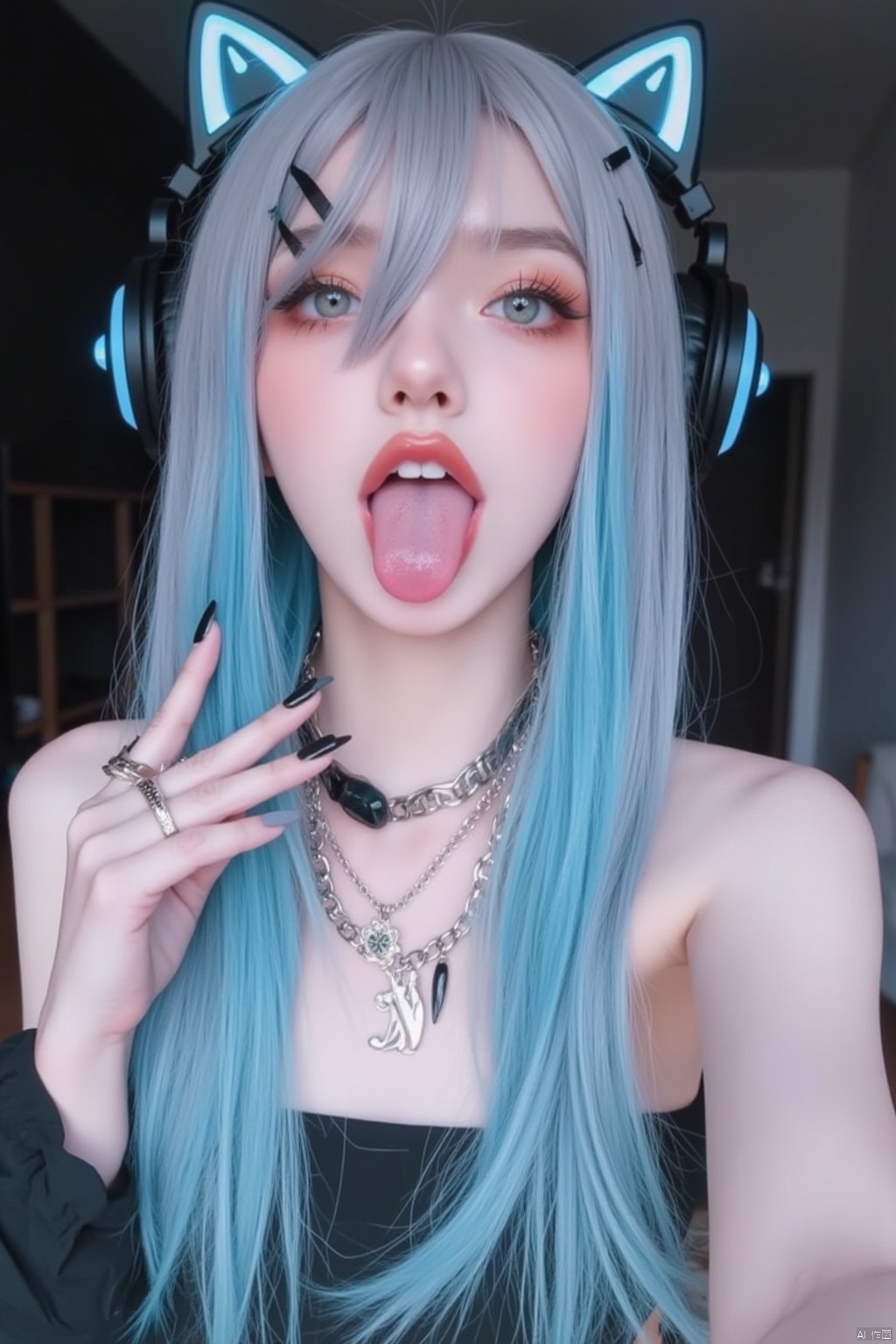 1girl, solo, long hair, open mouth, hair ornament, animal ears, jewelry, blue hair, upper body, multicolored hair, tongue, hairclip, cat ears, tongue out, necklace, nail polish, two-tone hair, lips, fingernails, gradient hair, fake animal ears, headphones, black nails, realistic, nose, animal ear headphones, cat ear headphones