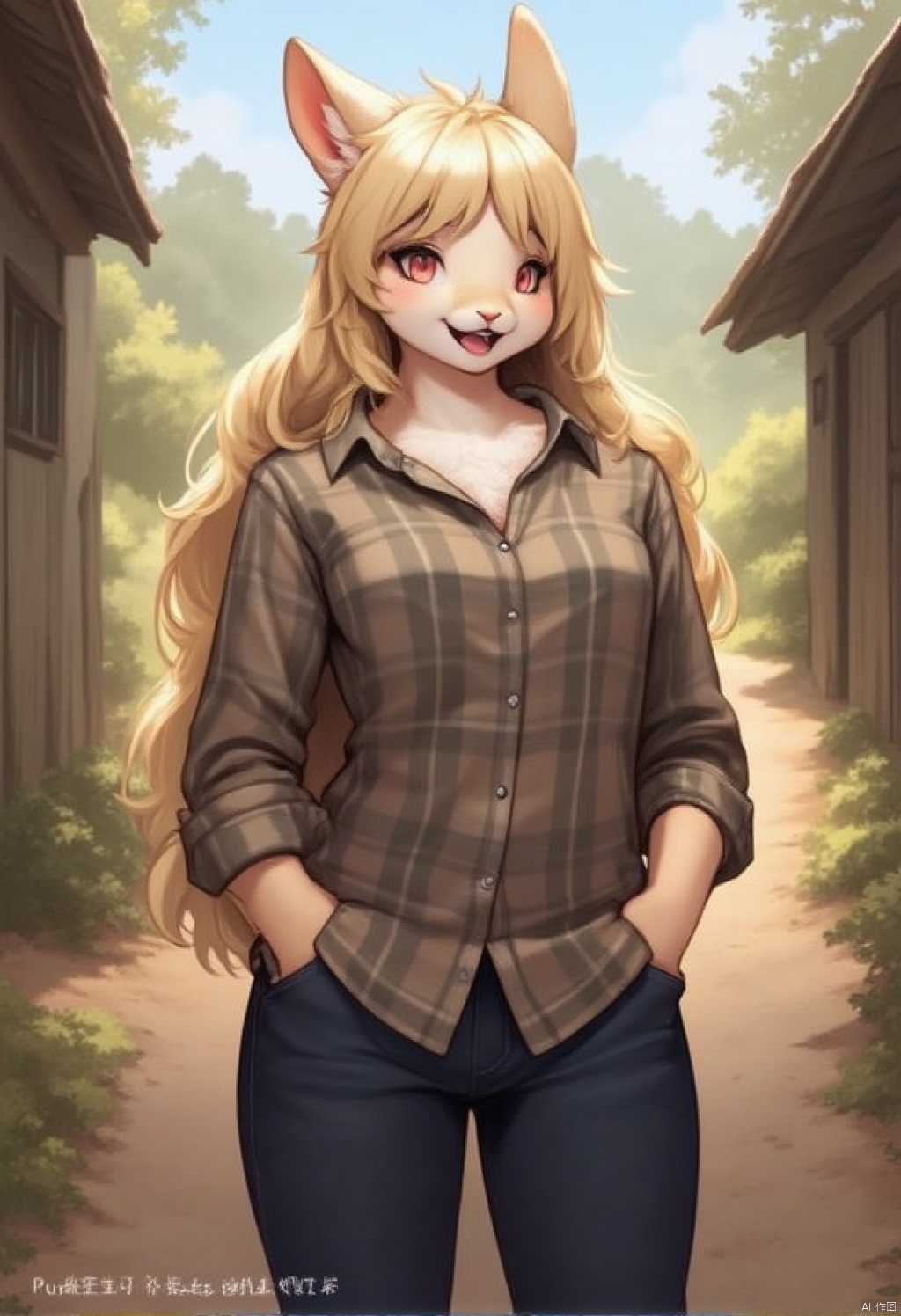 Fury,a medium-sized animated rabbit stands on a dirt path,her long blonde hair cascades over her shoulders. She is wearing a plaid button-down shirt