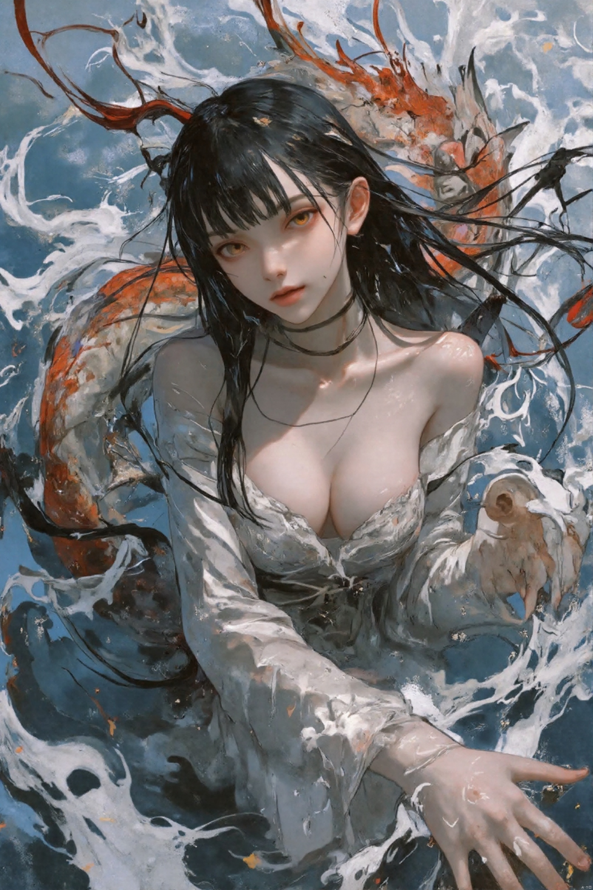 Masterpiece, Top quality, Best Quality, Official art, beauty aesthetics, 1 girl, a dragon behind Me, Single, Hanfu, Long hair, bangs, mid-chest, Grotesque, Colorful, sea, Dynamic Angle, cleavage, water, swirls, Drops, wet clothes, beautiful details Water, Dynamic Angle, Liquid background, Splash, Panorama, Dynamic poses, Fish, Patterns,