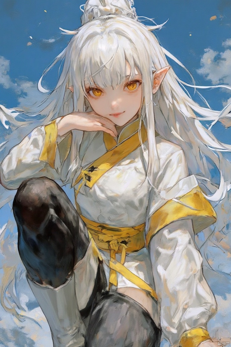 simple background,close-up,portrait,(Focus on the face:1.3),looking at viewer,upper body,1girl,solo,elf ears,long hair,white hair,crossed bangs,messy hair,ahoge,yellow eyes,White eyelashes,White eyebrows,Long face,flat-chested,Simple clothing,yellow edging,(yellow wide right lapel:1.1),(white Taoist robe:1.1),(white hanfu:1.1),sleeves past fingers,Long sleeves,yellow Ancient Chinese belt,(Black kung fu pants:1.1),white knee boots,smile,Starry sky,(Fauvism:1.3),