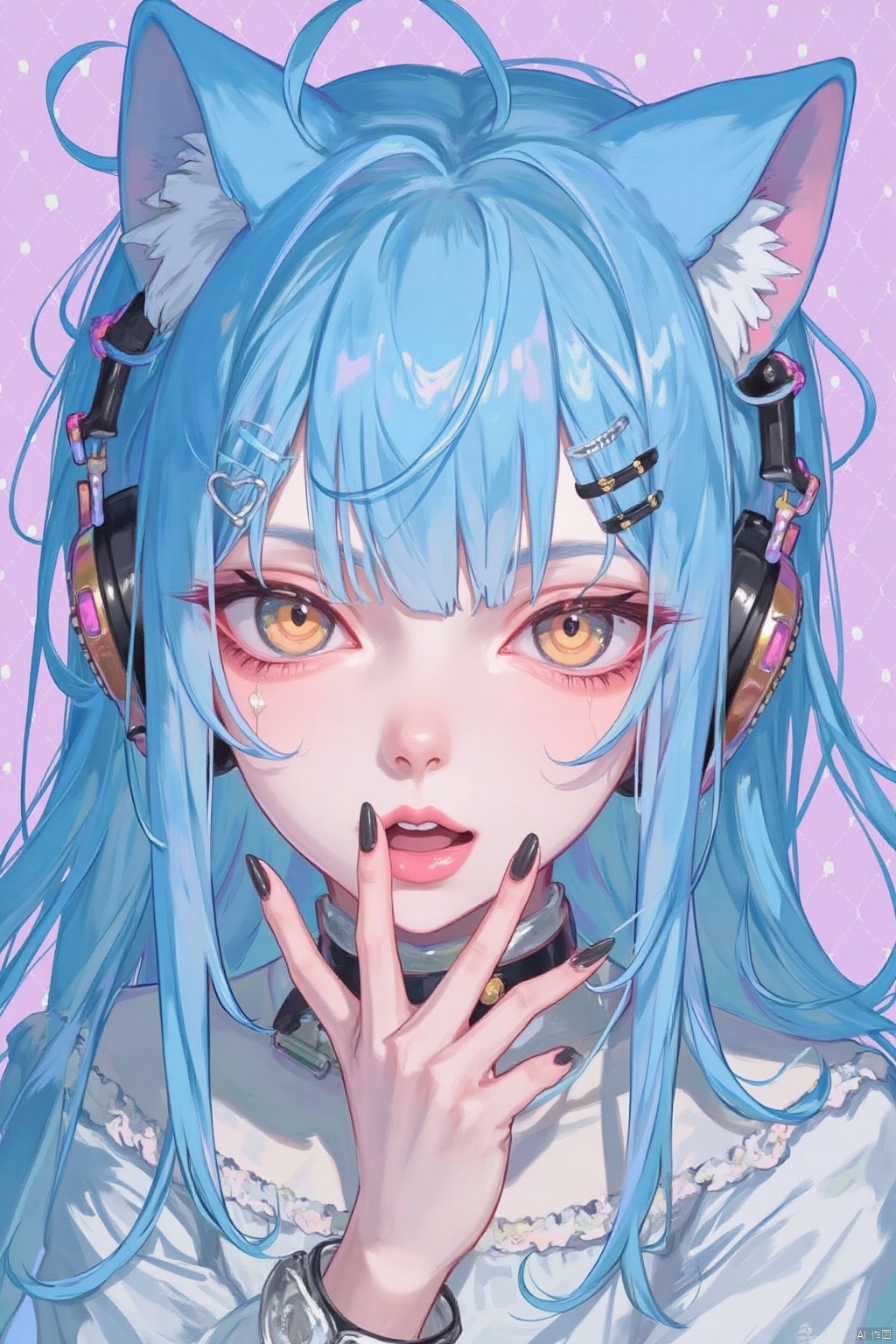 1girl, solo, long hair, open mouth, hair ornament, animal ears, jewelry, blue hair, upper body, multicolored hair, tongue, hairclip, cat ears, tongue out, necklace, nail polish, two-tone hair, lips, fingernails, gradient hair, fake animal ears, headphones, black nails, realistic, nose, animal ear headphones, cat ear headphones