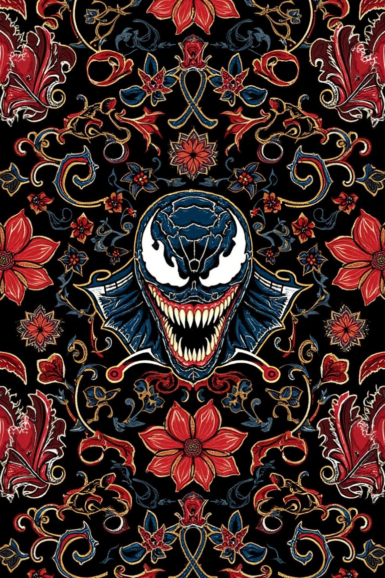 A stunning, intricately designed batik pattern where the character Venom is seamlessly integrated into the traditional fabric's motifs. The batik features elegant swirls, floral elements, and flowing lines typical of classic Indonesian batik, but with a dark, bold twist as Venom's iconic sharp teeth, tendrils, and sinister silhouette are subtly embedded within the pattern. The fabric’s color scheme plays with deep blacks, red, and striking gold, with the patterns alternating between delicate floral details and Venom’s menacing figure. The overall effect creates a unique masterpiece that blends the elegance of batik with the dark, powerful presence of Venom, making it both intricate and bold.in the style of t0k.bat1k, parang type