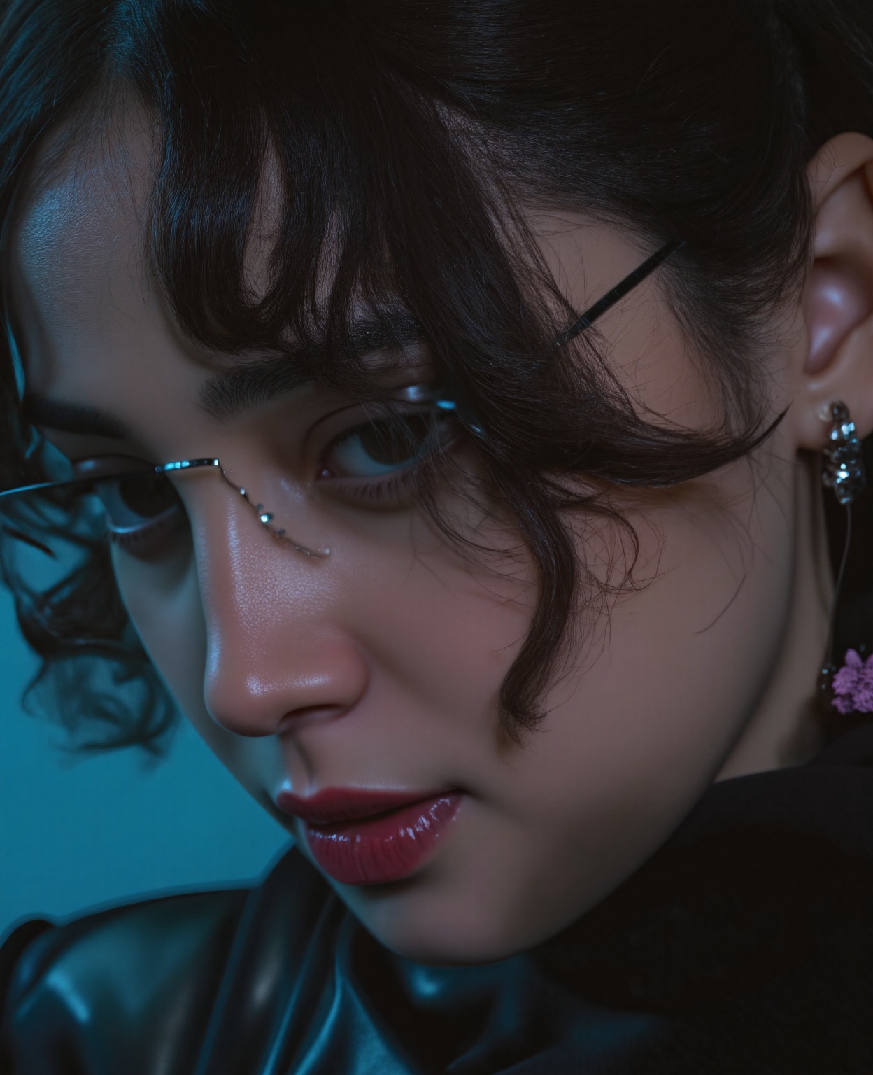 Slightly curly hair,  rimless glasses,  small spots under the corners of the mouth on Tensor.Art