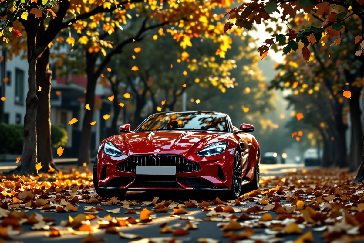 SKYLINER32,  sports car parked on a street covered with leaves in autumn in a ,  fall on Tensor.Art