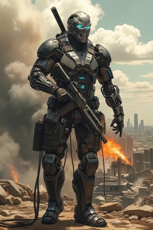 A cyborg soldier stands victorious amidst a backdrop of ruins,  smoke billowing from the destroyed cityscape. The cyborg's...