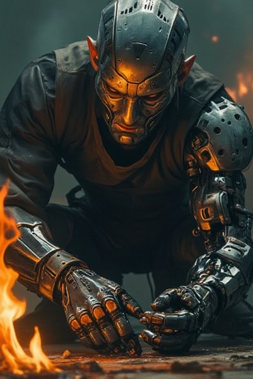 A close-up shot of a cyborg's metallic faceplate reflects a determination to overcome adversity as he operates his prosthe...