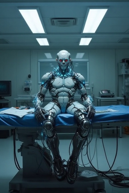 A cyborg,  with glowing blue wires and metallic limbs,  lies motionless on a sterile operating table in a futuristic labor...