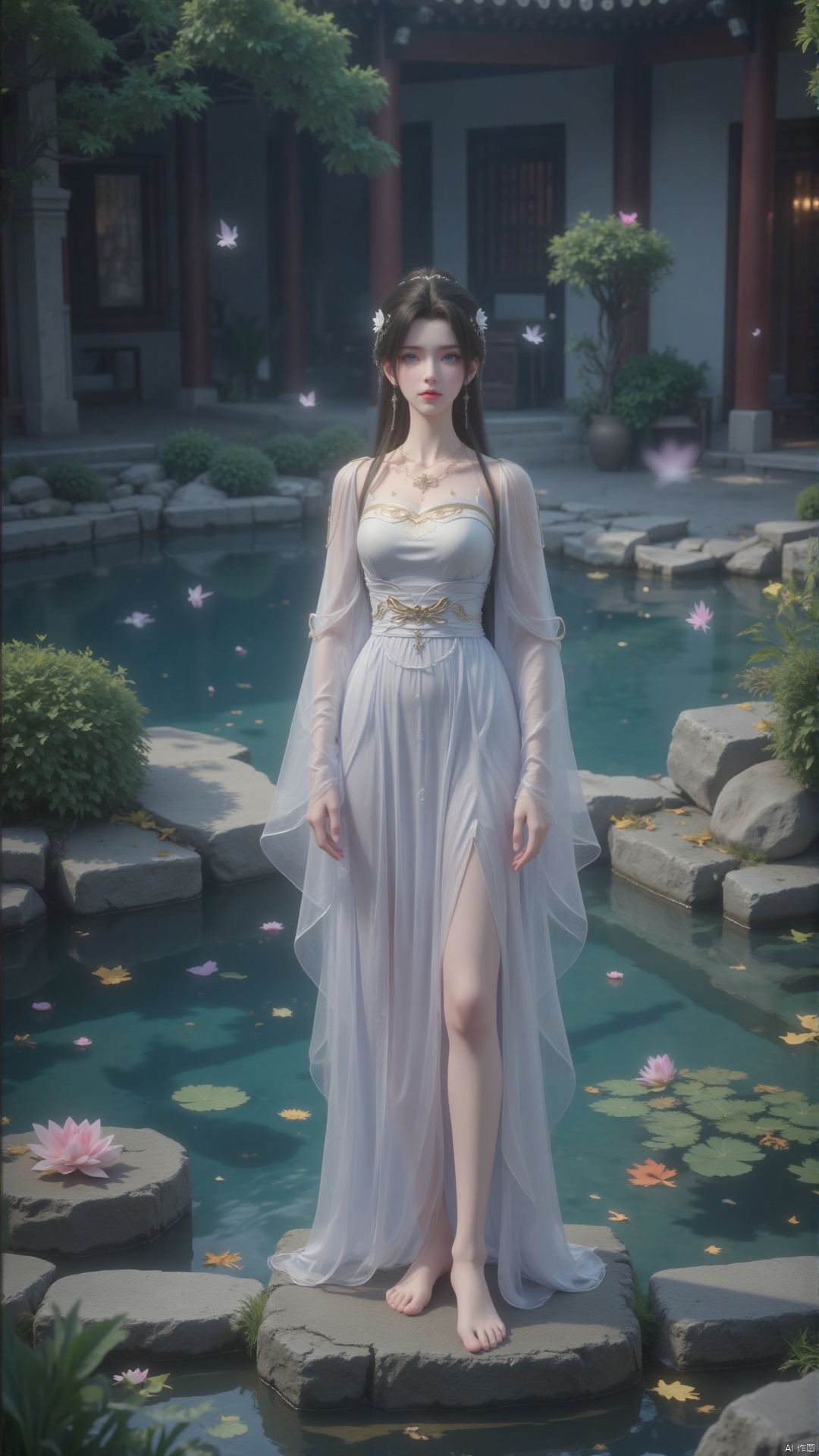 Depth of Field, Ultra Clear, Ultra High Resolution, 8K, Well Structured, Masterpiece, Surrealism, Details, Texture, Conceptual Artwork, Atmosphere, Ink Style, Vibrant Colors, Clear Background, Film Lighting Technology,
1 girl, solo, a girl standing on a stone in the yard, gradient perspective, gradient posture, light makeup, black hair, hair accessories, necklace, jewelry, earrings, white dress, silk material clothing, long sleeved, wide sleeved, waist tied, pale face, blue eyes, exposed legs, bare feet, perfect body proportion, slim,
Chinese style courtyard, with ponds, lotus flowers, stones, fallen leaves, leaves and petals on the water surface, butterflies, and nature indoors and in the courtyard,