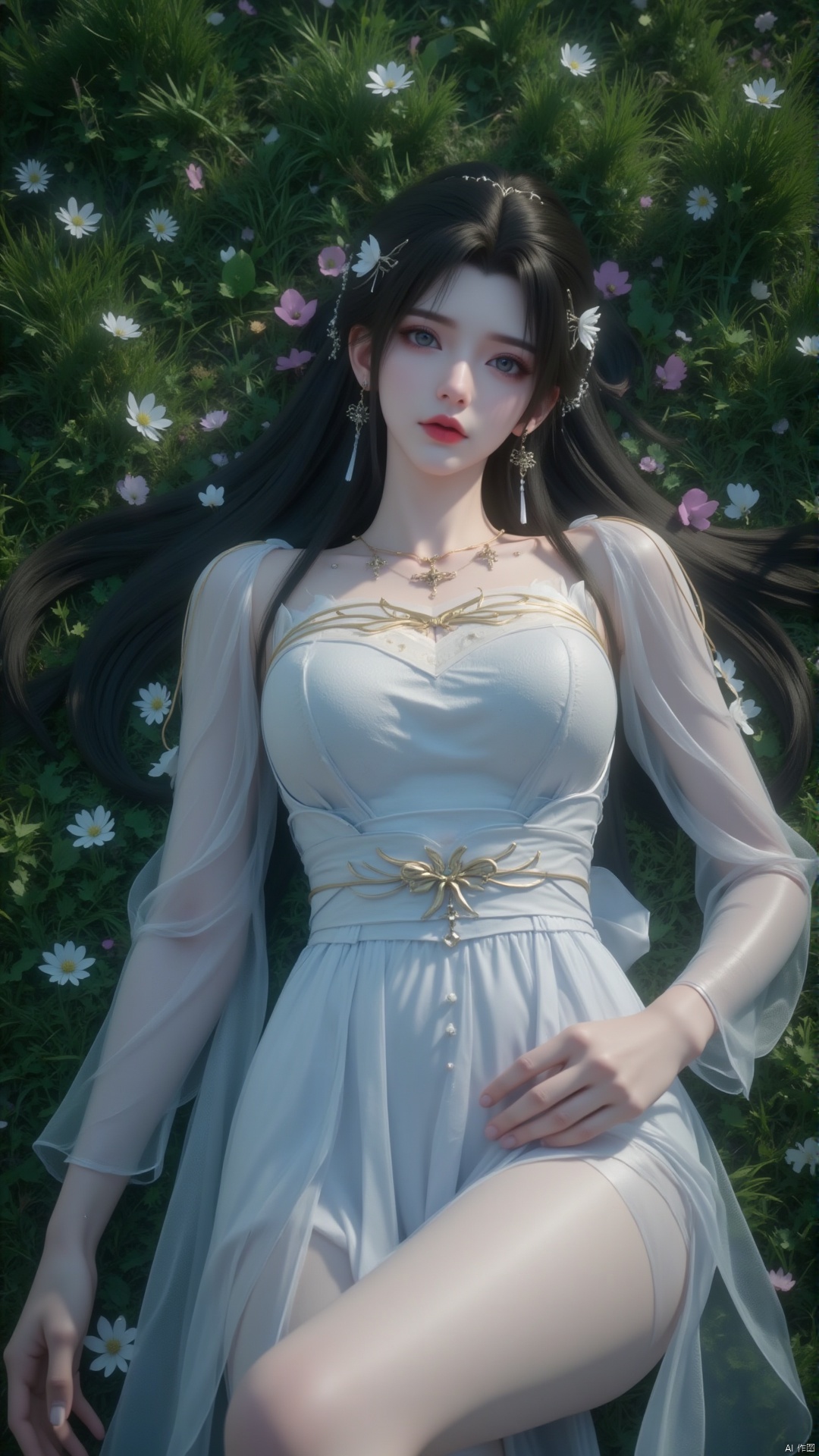 Aerial view, taken from above, a peaceful 8K photo of a girl (GG) lying on a lush grassland, her long black hair cascading down her back like a waterfall. A delicate hair ornament embellished her hair, and an elegant white apron embraced her slender figure. Her waist and waist were surrounded by petals and branches, makeup, eye shadow, red lips, and a small butterfly perched on the edge of the earrings. Added a whimsical atmosphere. Wildflowers, butterflies, petals, 1lxq high-definition