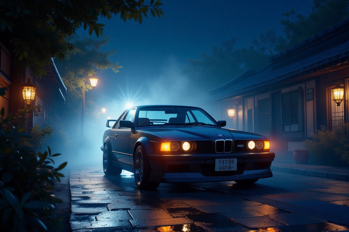x50style car lit by a spot light in the middle of the Korean ancient town,  smokes,  SPOT on Tensor.Art