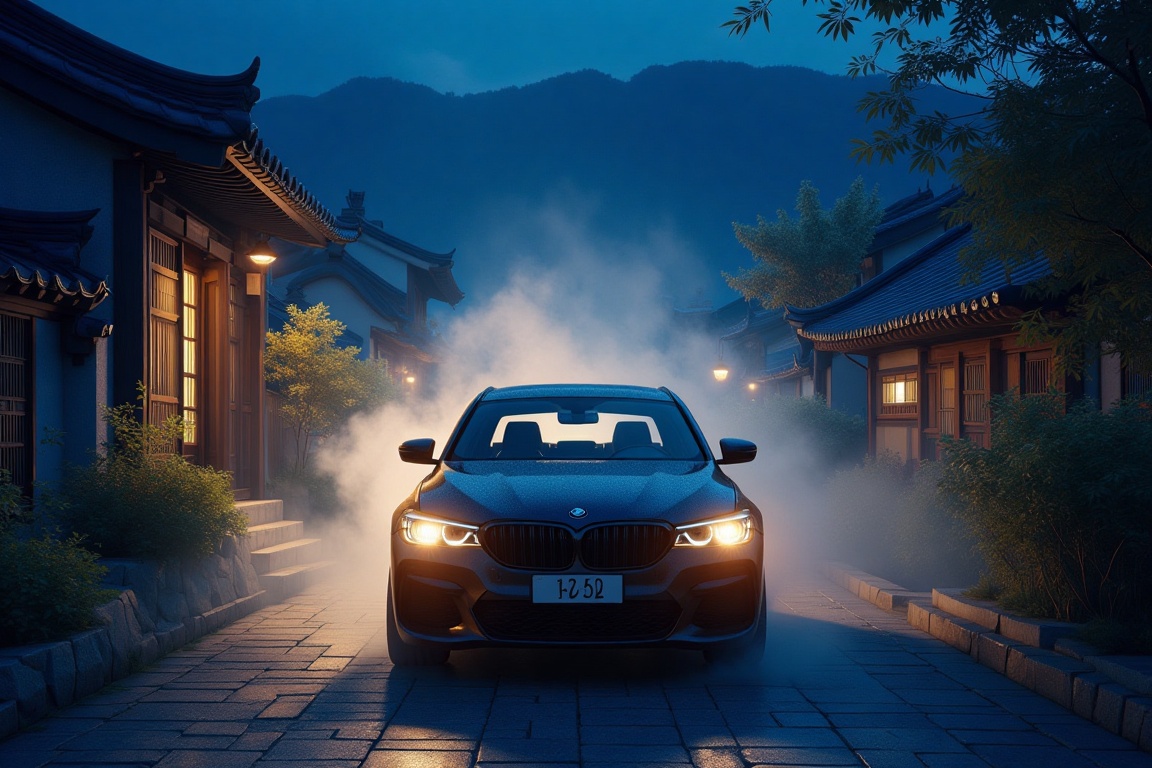 x50style car lit by a spot light in the middle of the Korean ancient town,  smokes,  SPOT on Tensor.Art