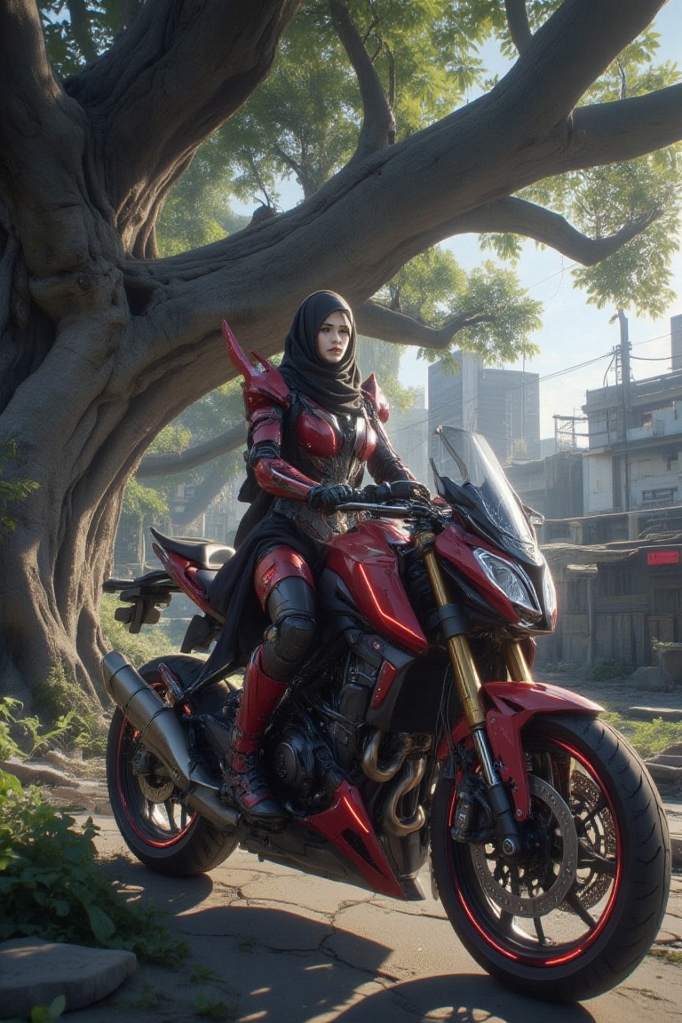 Against a backdrop of urban decay,  a hijab-clad warrior stands poised,  riding on a sleek on Tensor.Art