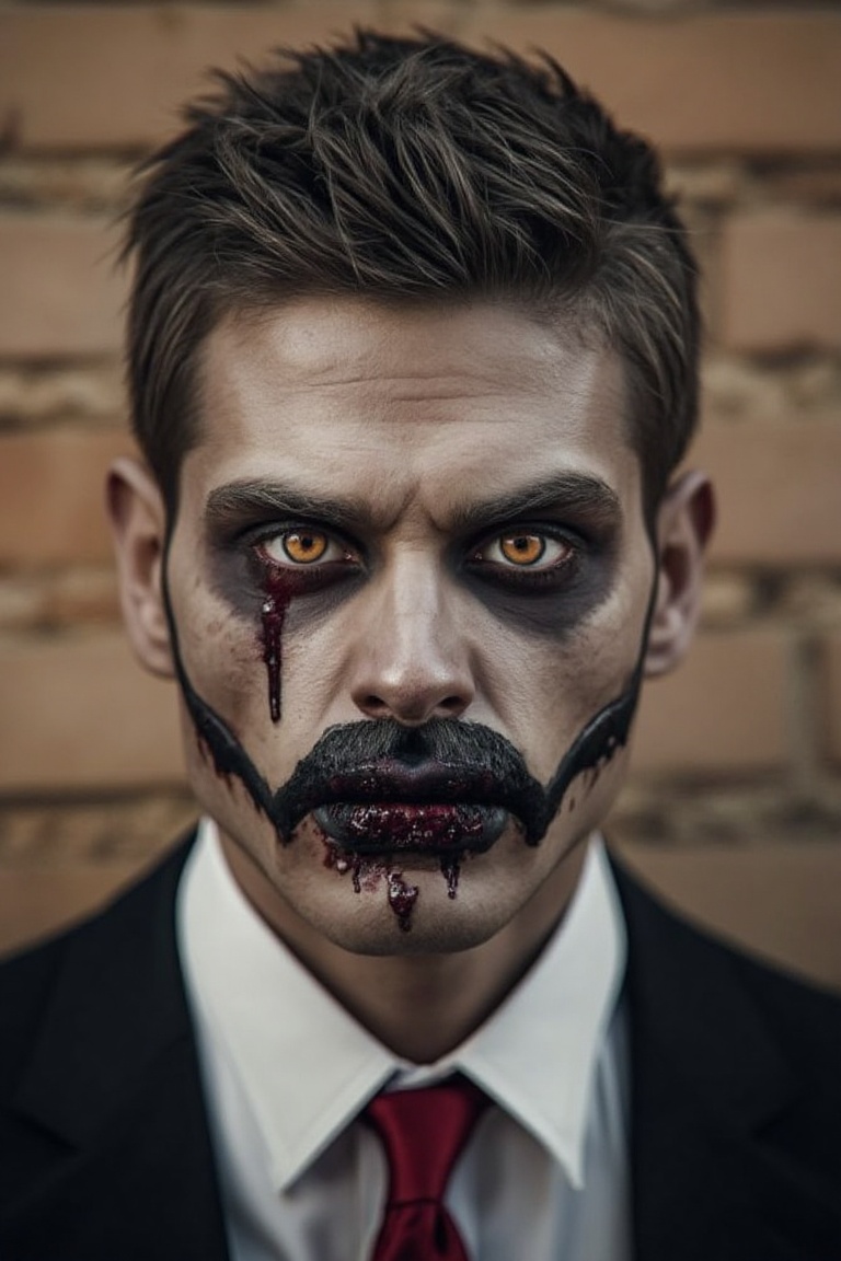 Captured at eye-level, a close-up shot of a man's face, adorned with a zombie makeup. The man's eyes are a piercing of orange, while his mouth is adorned with black paint. His eyebrows, mustache, and mouth are covered in black paint, adding a touch of blood to his face. He is dressed in a black suit jacket, a white collared button-down shirt, and a red tie. His hair is spiky and spiked up. The backdrop, a brick wall is a light brown, adding to the overall composition.