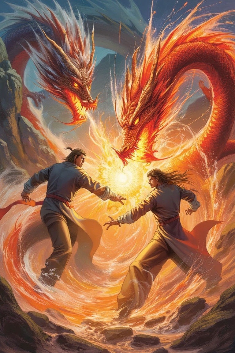 A dramatic, slow-motion shot frames the intense battle between two Kung Fu masters, their movements a blur as they exchange lightning-fast strikes and blocks. Amidst the flurry, a majestic dragon's power courses through the air, imbuing the fighters with its fiery energy. One master unleashes a powerful Dragon Claw, while the other retaliates with a Whirlwind Kick. The camera zooms in on the sparks flying from their fists as they clash, the dragon's roar echoing through the misty mountainside backdrop.,Buku Komik