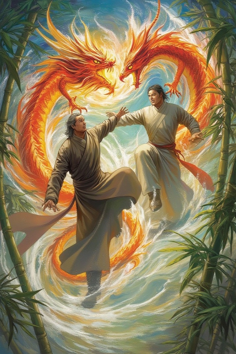A whirlwind of martial arts mastery unfolds as a seasoned Monk and a Kung Fu Master engage in an epic battle above the slender bamboo trees, their movements a symphony of skill and strength. The air is electric with the power of the mythical Dragon and Phoenix as they conjure fiery blasts and wispy tendrils to fuel their fight. The Monk's robes flow like mist as he unleashes a flurry of kicks and punches, while the Kung Fu Master summons a maelstrom of strikes and parries, their hands a blur as they dance amidst the swaying bamboo.,Buku Komik