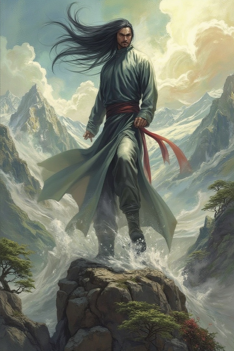 A kungfu master stands heroically on a misty mountain peak, wind whipping his long black hair into a frenzy as he unleashes a flurry of swift kicks and powerful punches. Framed by ancient trees, the rugged landscape stretches out behind him like a canvas of earthy tones. Shafts of sunlight pierce through the clouds, casting dramatic shadows across his determined face.,Buku Komik