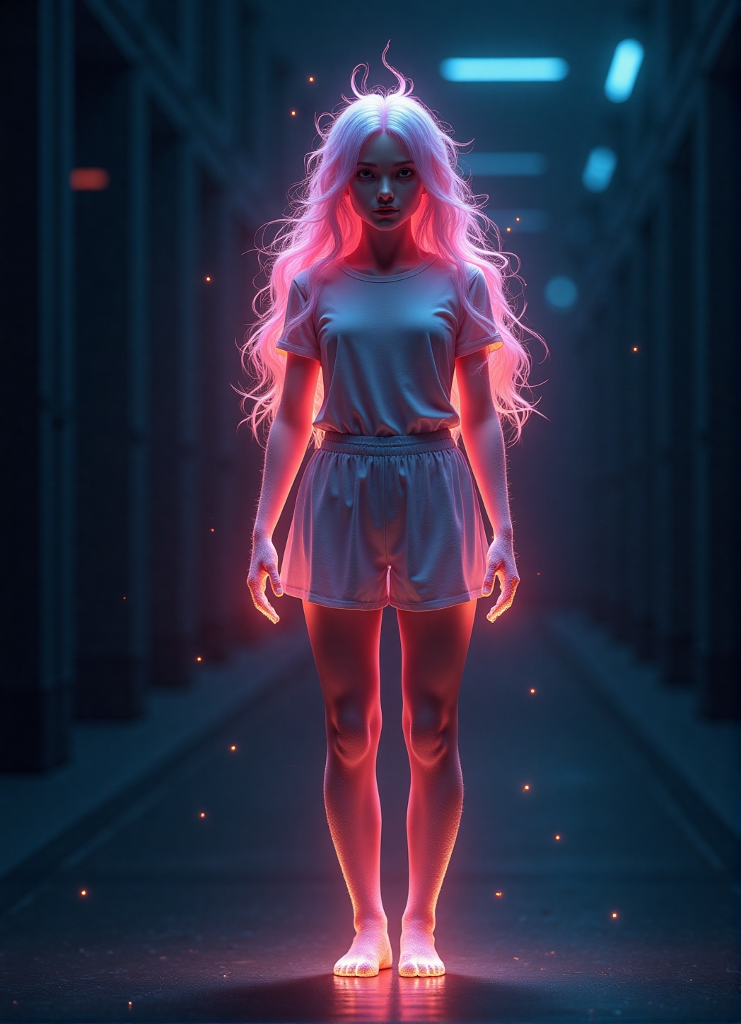 1girl minimalist hologram,  long hair glowing,  line glowing surrounds the body on a simple background on Tensor.Art