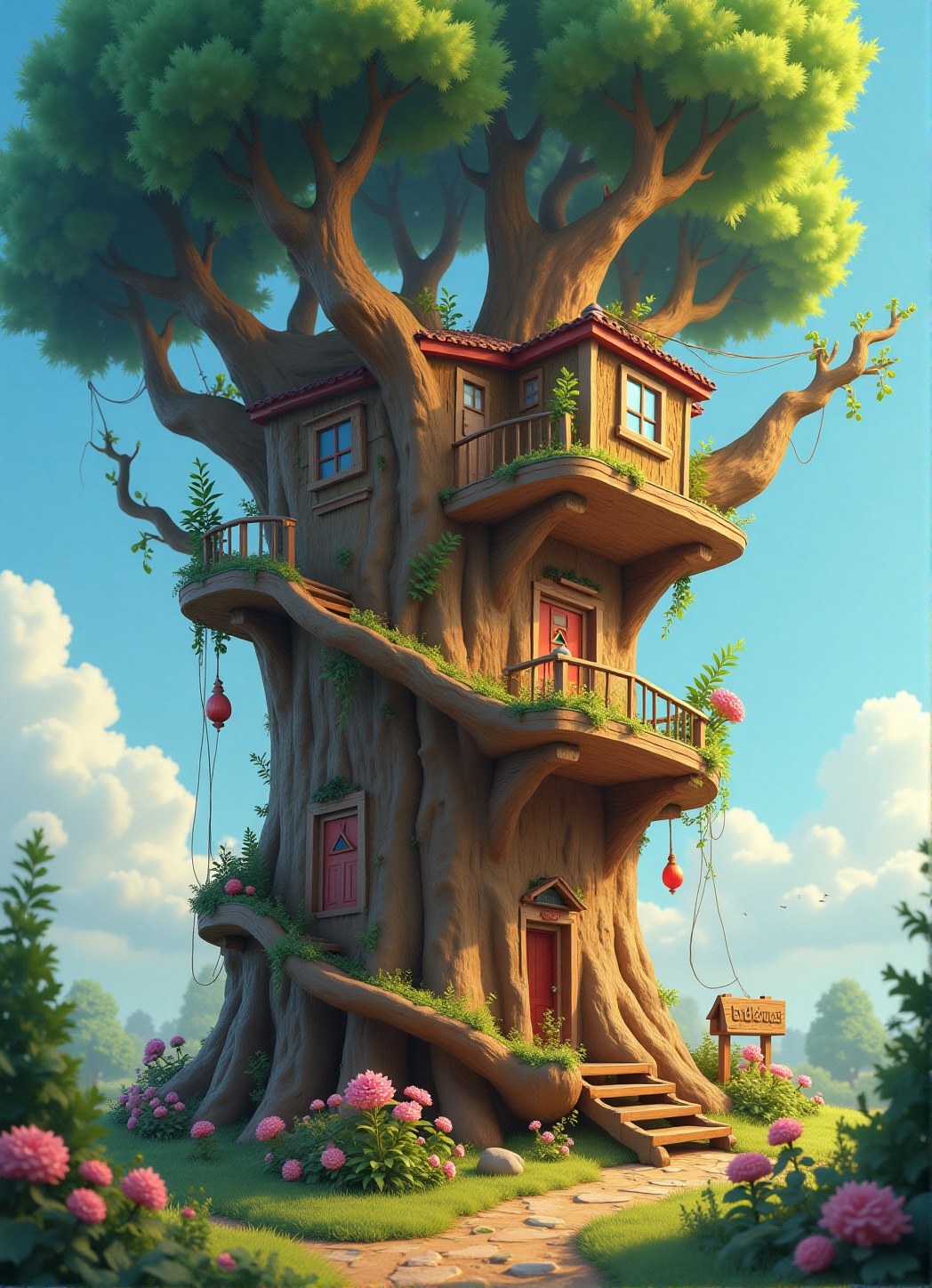 create an image of a big tall busy whimsical treehouse,  there are windows and doors,  a winding staircase windfs up the s...