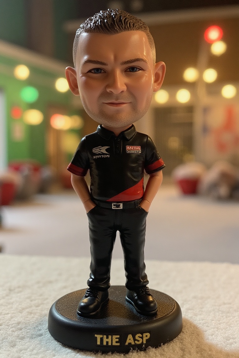This is a high-resolution photograph of a detailed,  miniature bobblehead action figure of Nathan Aspinall,  standing on a...