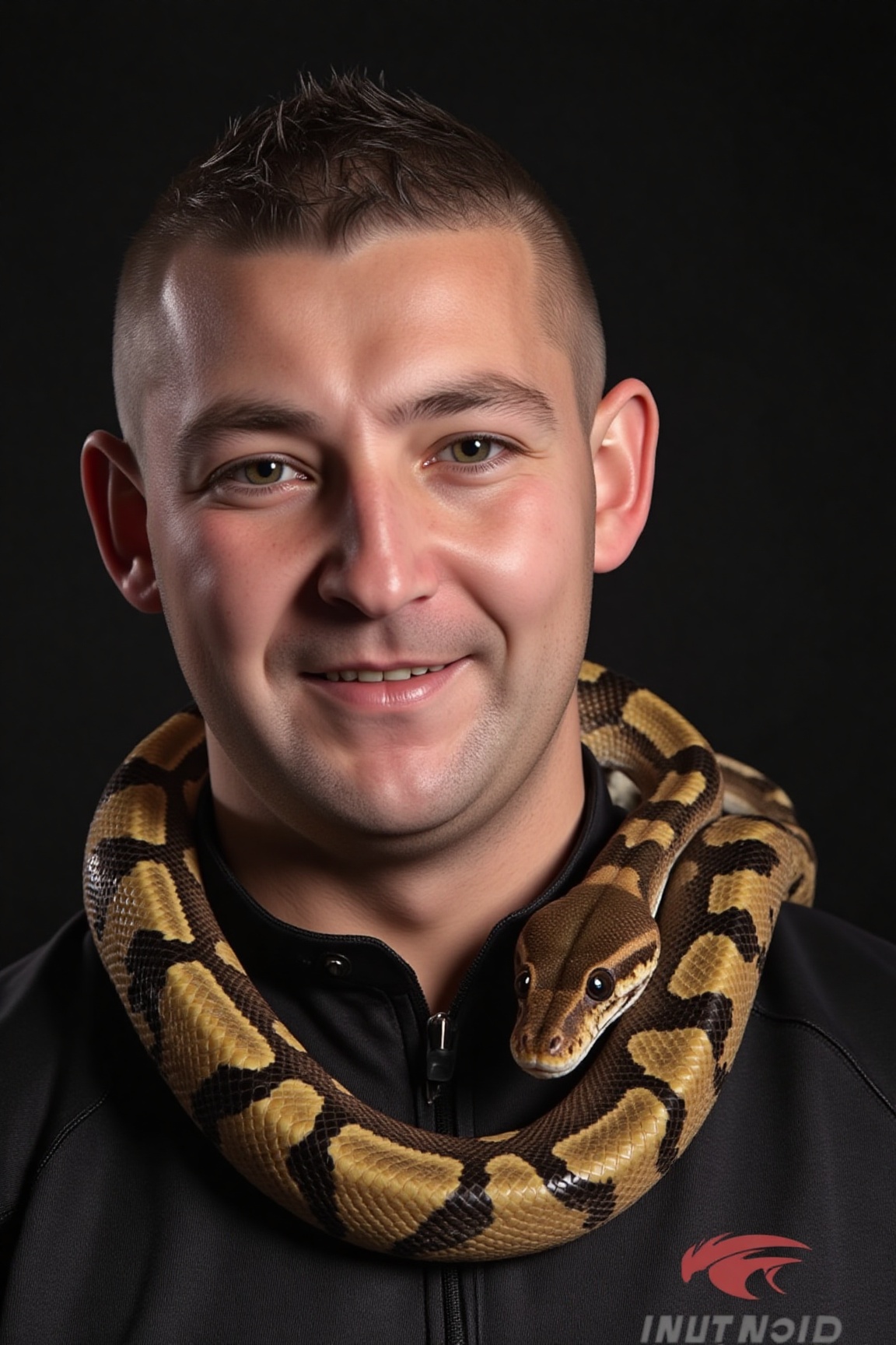 The image is a high-resolution photograph of Nathan Aspinall with a snake resting around his shoulders,  a highly detailed...