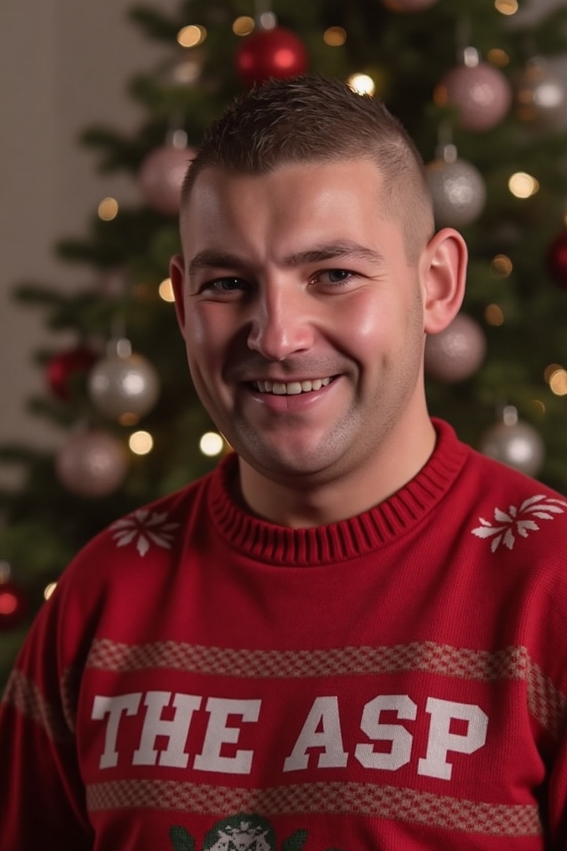 The image is a high-resolution photograph of Nathan Aspinall smiling,  wearing a Christmas themed sweater with the words "...