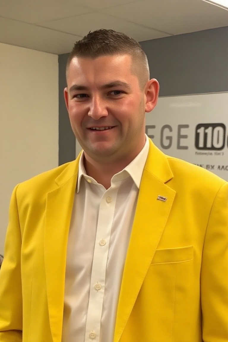 The image is a high-resolution photograph of Nathan Aspinall wearing a vibrant yellow suit over a white dress shirt on Ten...