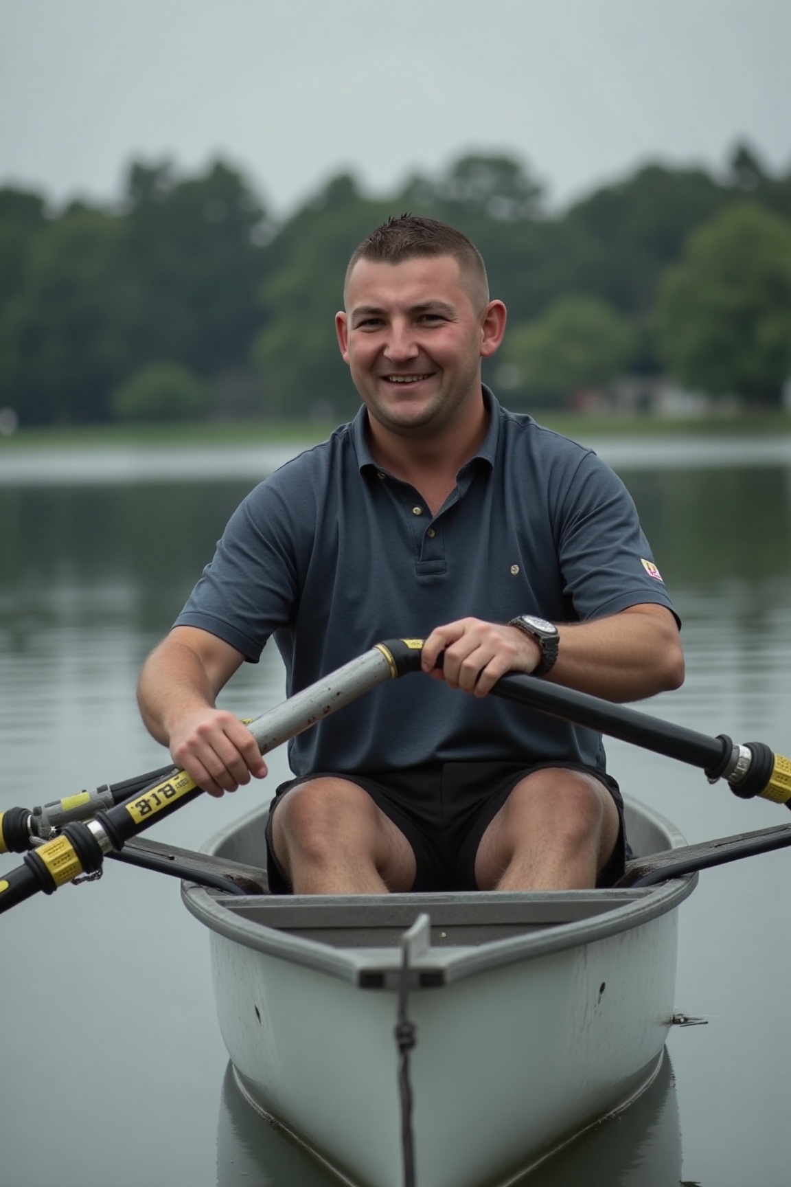 The image is a high-resolution close-up photograph of Nathan Aspinall sitting in a rowing boat on a calm lake on Tensor.Art