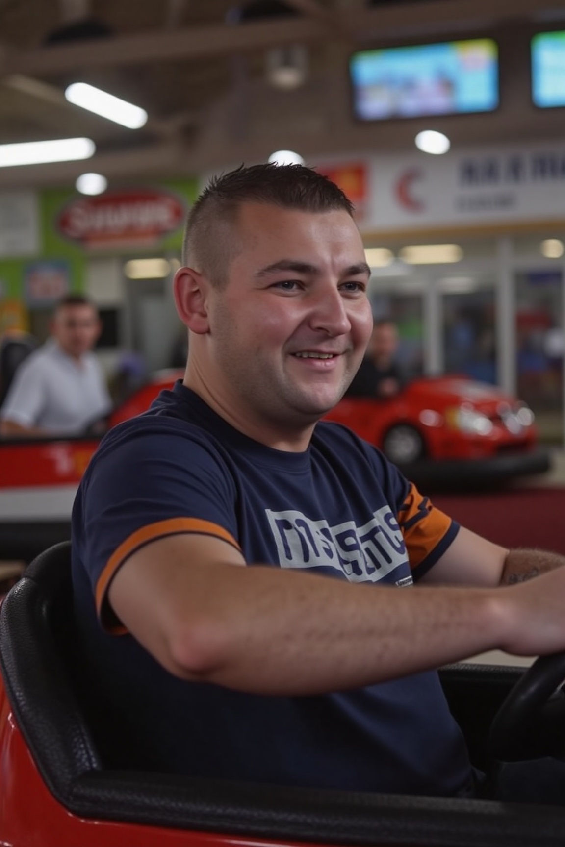 The image is a high-resolution close-up photograph of Nathan Aspinall driving a bumper car at the funfair on Tensor.Art