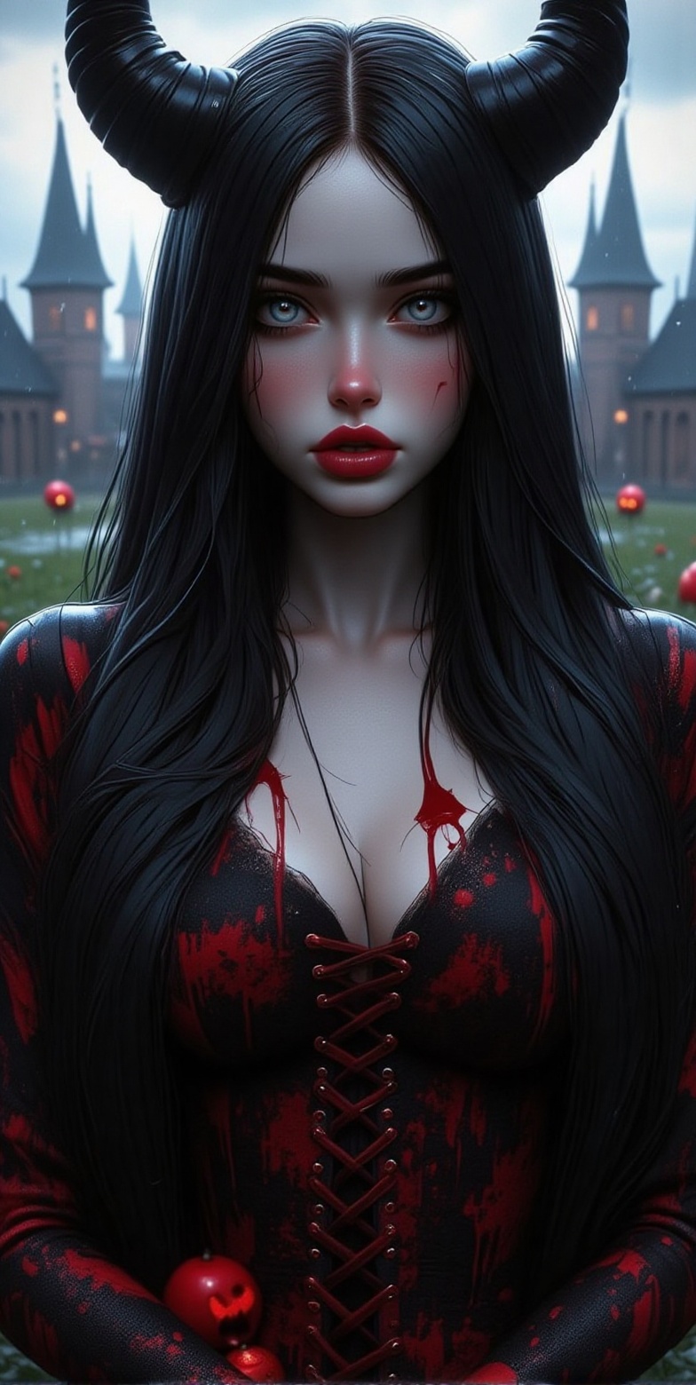 beautiful succubus,  Very beautiful Slavic woman with black horns on here head,  pale skin on Tensor.Art