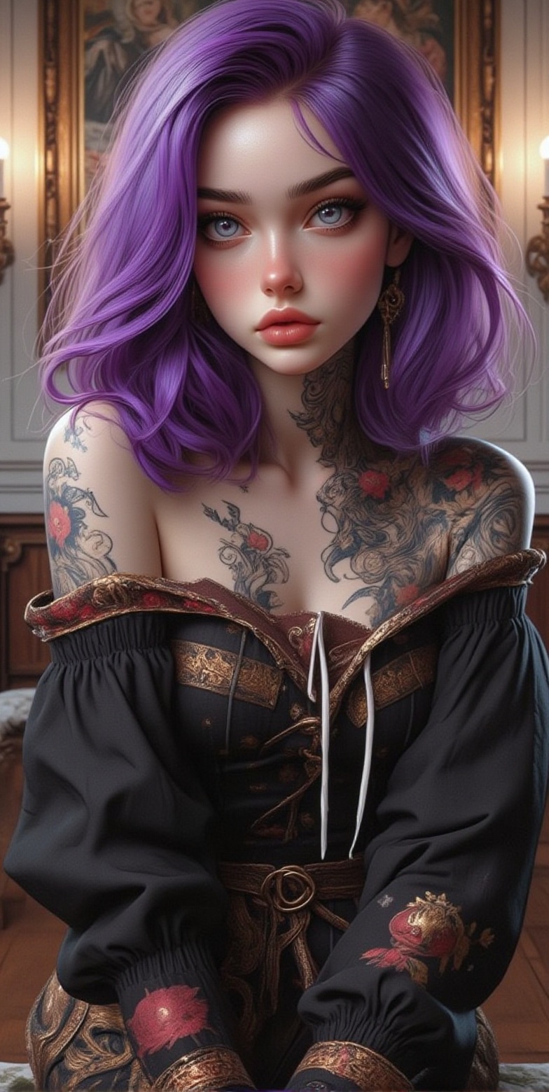 A woman with violet hair sitting on a chair in front of a painting,  extremely detailed artegerm,  beautiful character pai...