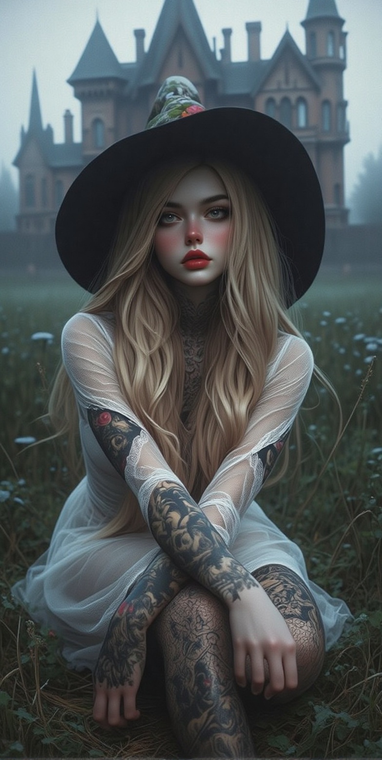 One tall and thin and fit and perky breasts and hard nipples 2 tattooed American blonde model sitting legs crossed with a...