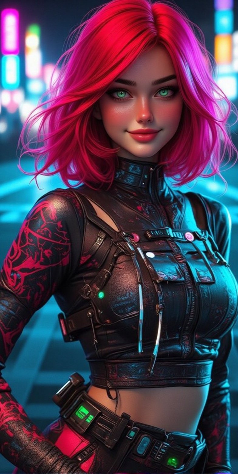 appearance hair color : glowing,  bright red hair ,  cut in an asymmetrical bob and some futuristic on Tensor.Art