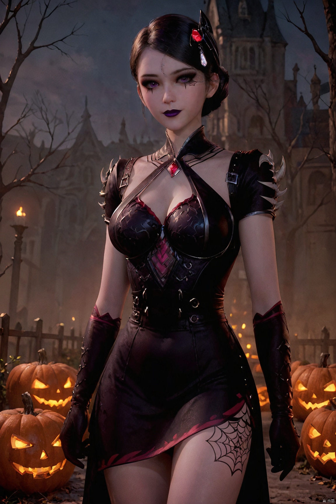 score_9_up,score_8_up,score_7_up,(Clear lines, high definition, Best quality,  masterpiece, 4K),1girl, solo, breasts, looking at viewer, black hair, hair ornament, gloves, dress, cleavage, medium breasts, cowboy shot, black dress, tattoo, makeup, colored skin, lipstick, purple lips ,SLSZ,Halloween theme,