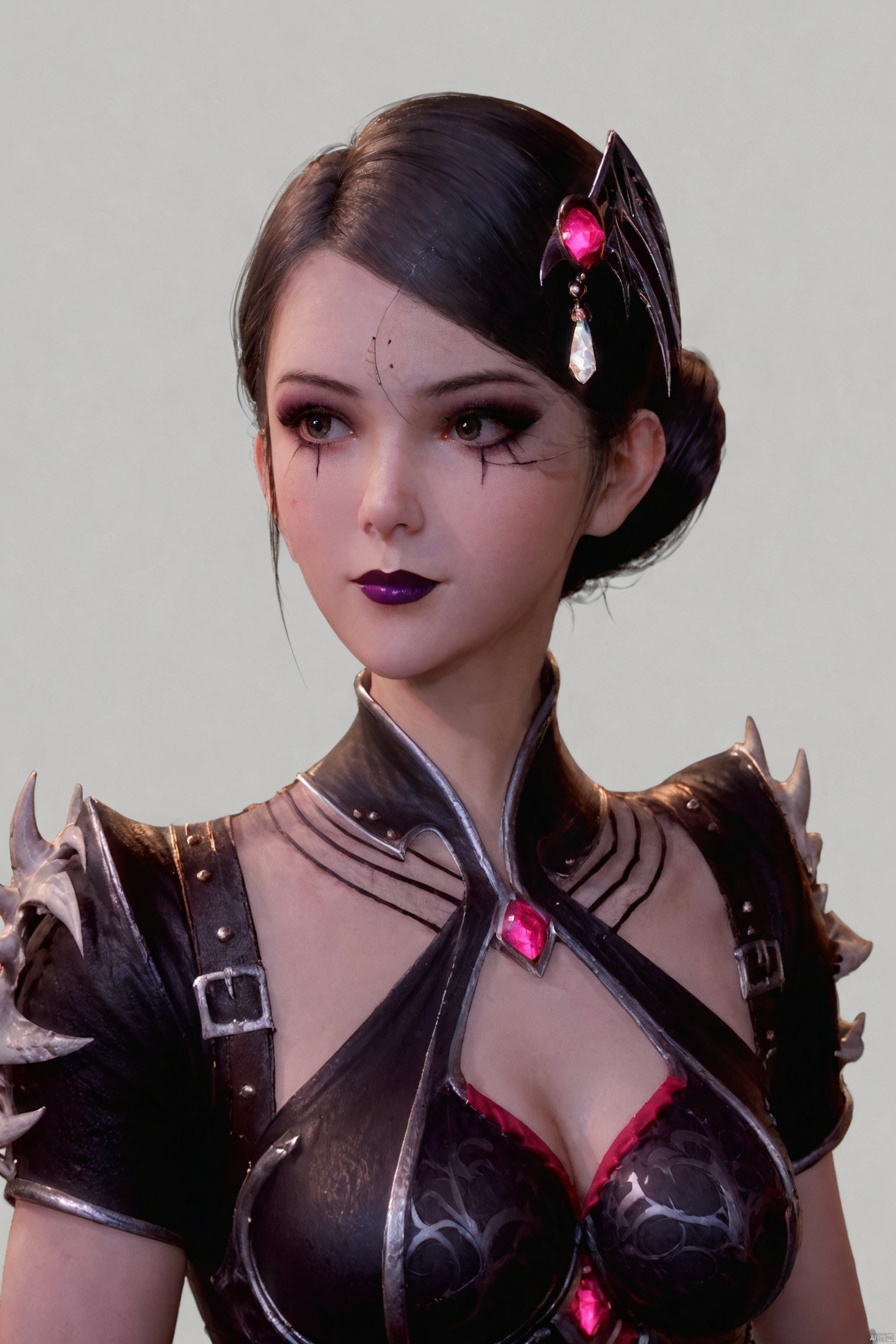 score_9_up,score_8_up,score_7_up,(Clear lines, high definition, Best quality,  masterpiece, 4K),1girl, solo, breasts, simple background, black hair, hair ornament, white background, cleavage, medium breasts, upper body, hair bun, armor, black eyes, looking to the side, makeup, scar, facial mark, lipstick, shoulder armor, gem, purple lips ,SLSZ,