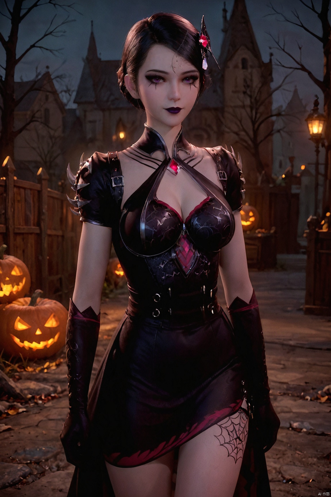 score_9_up,score_8_up,score_7_up,(Clear lines, high definition, Best quality,  masterpiece, 4K),1girl, solo, breasts, looking at viewer, black hair, hair ornament, gloves, dress, cleavage, medium breasts, cowboy shot, black dress, tattoo, makeup, colored skin, lipstick, purple lips ,SLSZ,Halloween theme,