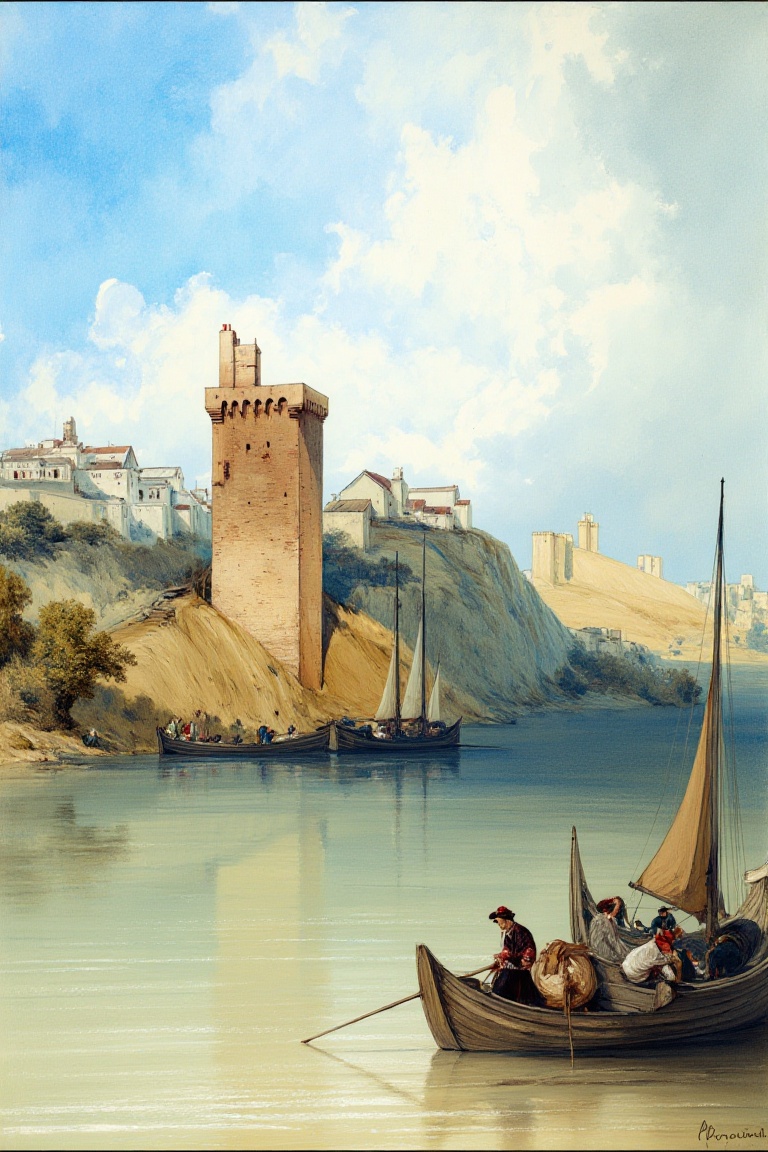 "Serene riverside landscape with medieval tower,  stone fortress,  and distant buildings on a hill. Calm water with sailbo...