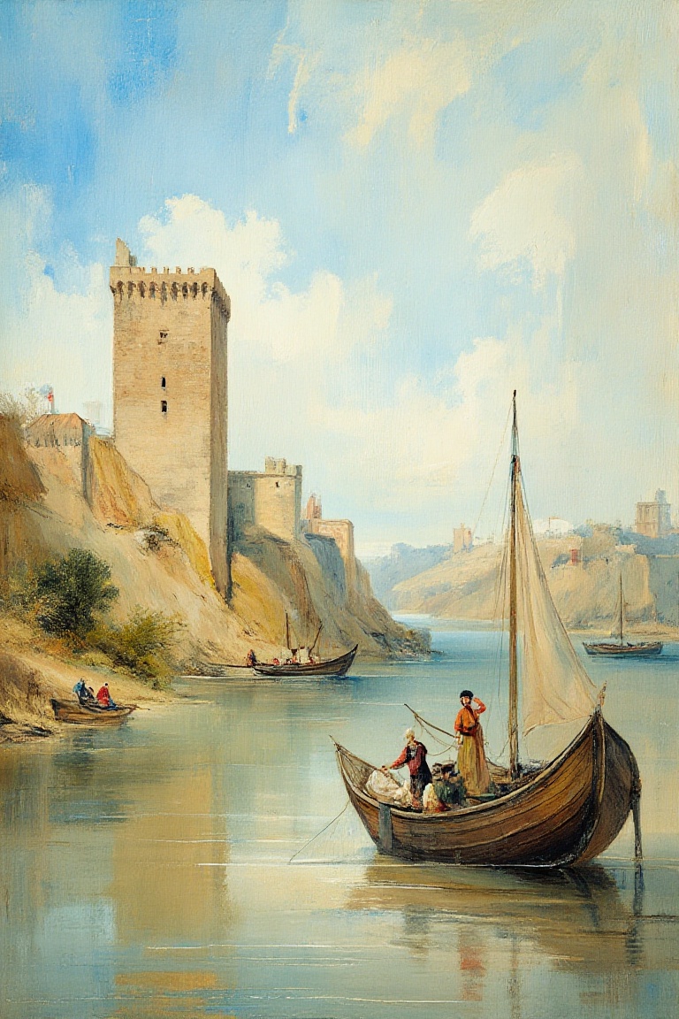 "Serene riverside landscape with medieval tower,  stone fortress,  and distant buildings on a hill. Calm water with sailbo...