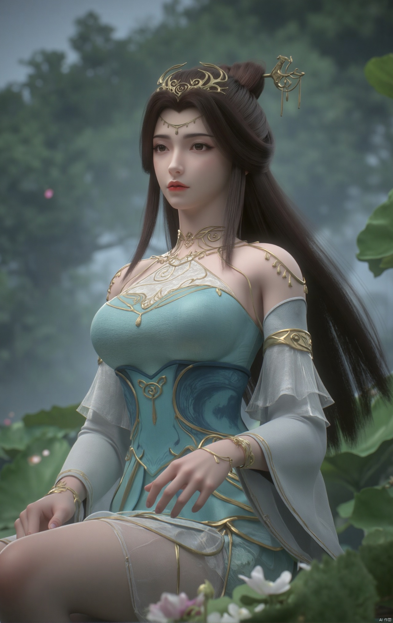  masterpiece,1girl,black hair,(Sitting by the lotus pond in the garden:1.3),(short dress:1.39),black eyes,beautiful face,short sleeves,holding flower,looking at viewer,(huge breasts:2.79),(full breasts:1.99),Xzhaoliner,Xyaoxi,Xsulingyun,XyunluoX,Xhenrendadi,Xlannuo