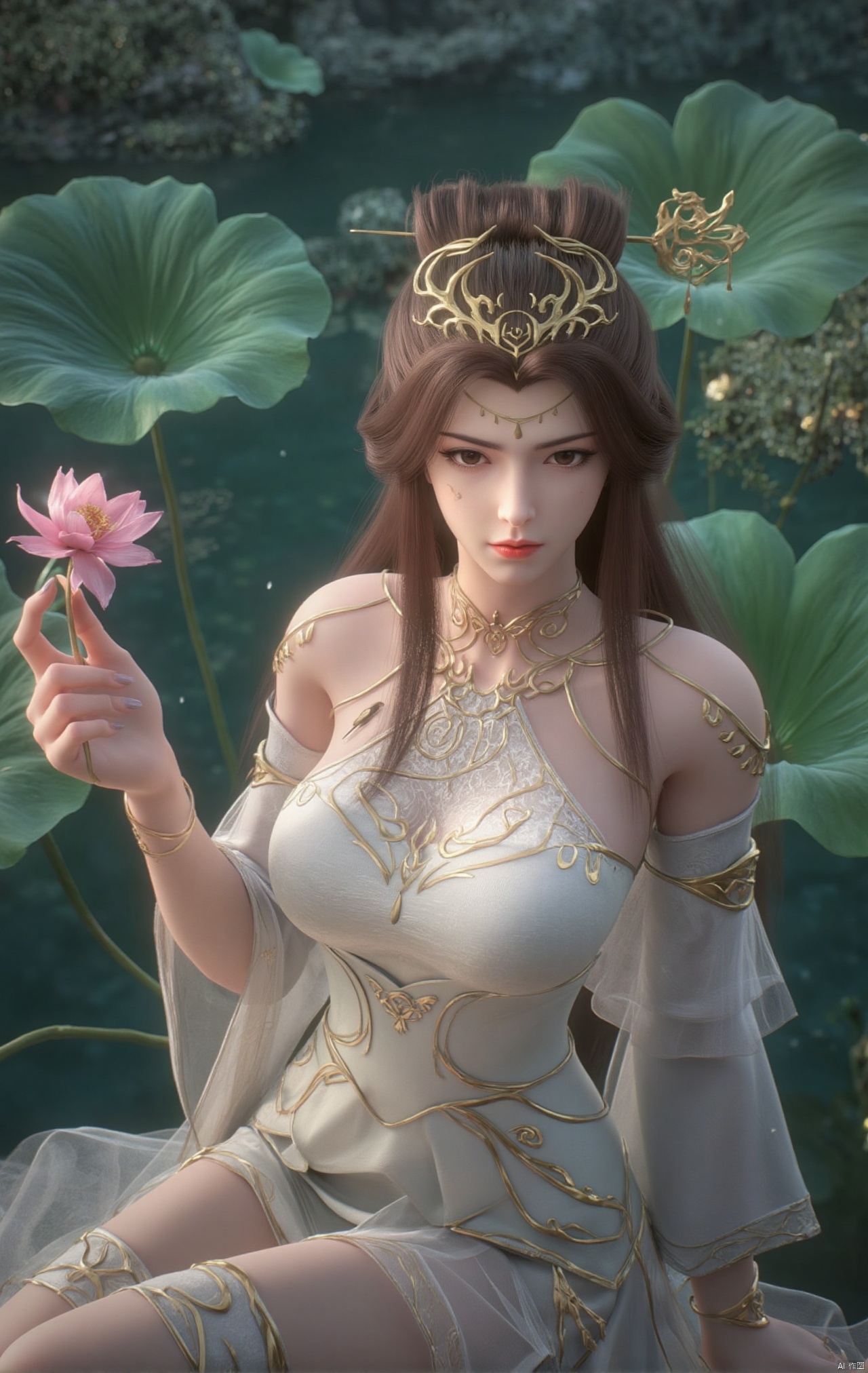  masterpiece,1girl,black hair,(Sitting by the lotus pond in the garden:1.3),(short dress:1.39),black eyes,beautiful face,short sleeves,holding flower,looking at viewer,(huge breasts:2.79),(full breasts:1.99),Xzhaoliner,Xyaoxi,Xsulingyun,XyunluoX,Xhenrendadi,Xlannuo