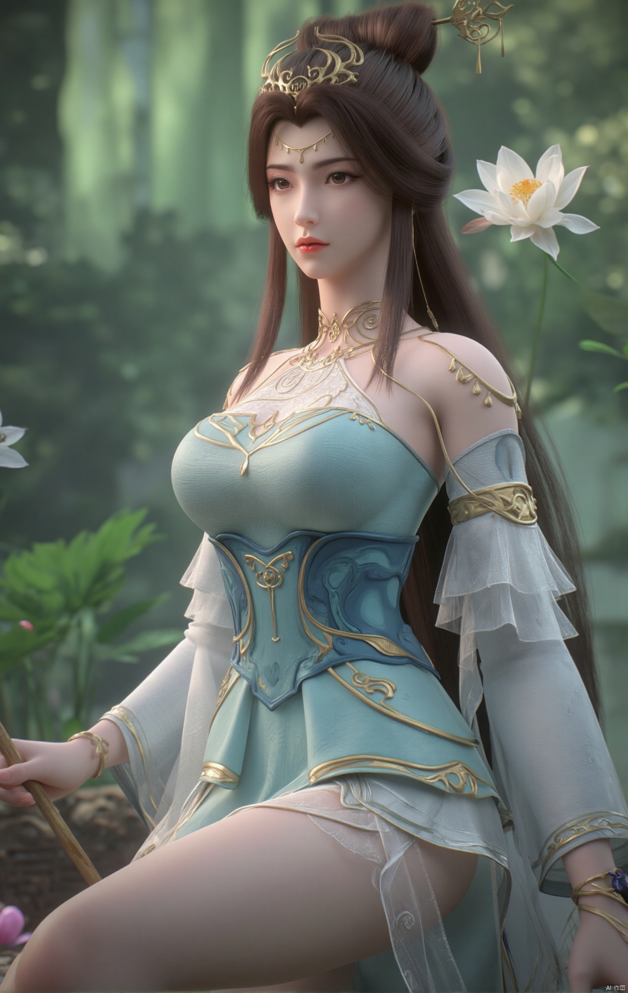  masterpiece,1girl,black hair,(Sitting by the lotus pond in the garden:1.3),(short dress:1.39),black eyes,beautiful face,short sleeves,holding flower,looking at viewer,(huge breasts:2.79),(full breasts:1.99),Xzhaoliner,Xyaoxi,Xsulingyun,XyunluoX,Xhenrendadi,Xlannuo